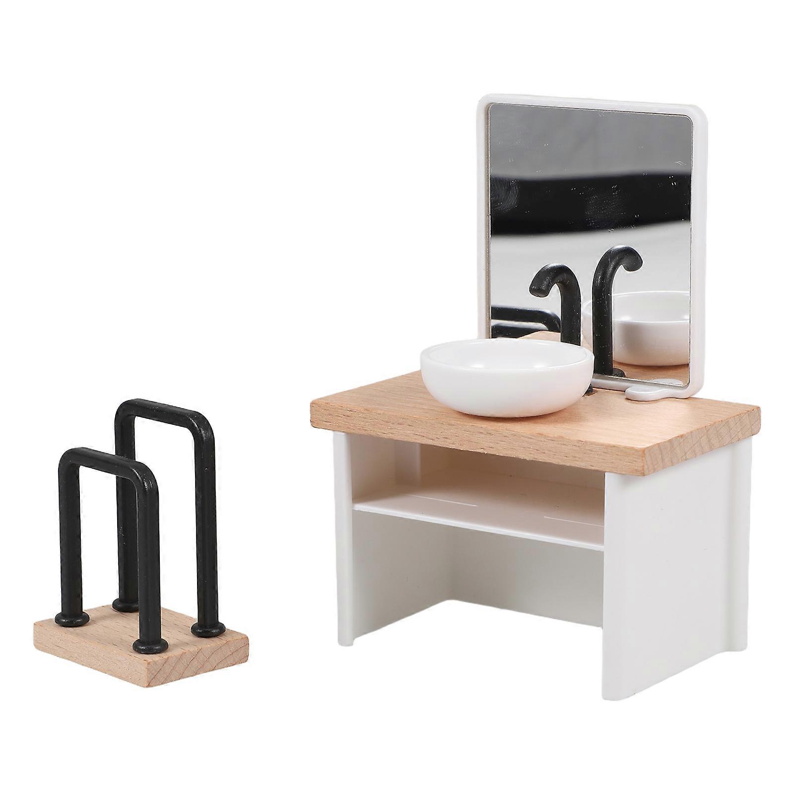 Dollhouse Bathroom Furniture Set with Sink and Towel Rack for Decor Assorted Color Wood Plastic 1:12 Scale