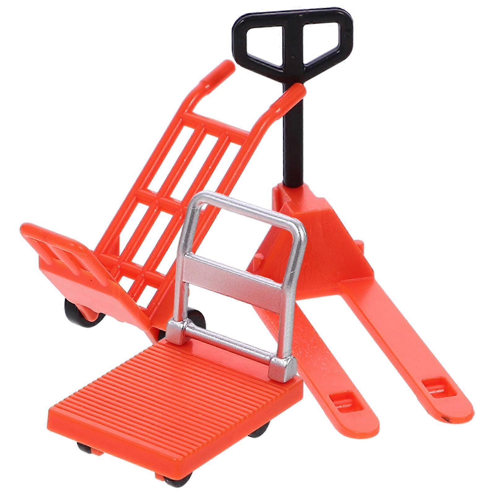 Compact Mini Forklift with Orange Hand Trolley and Platform Cart for Educational Play, Model Construction, Creative Development and Hand Muscle