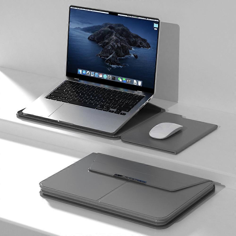 For 15 15.6 inch Laptop Sleeve with Stand PU Leather Detachable Case Protective Cover Grey