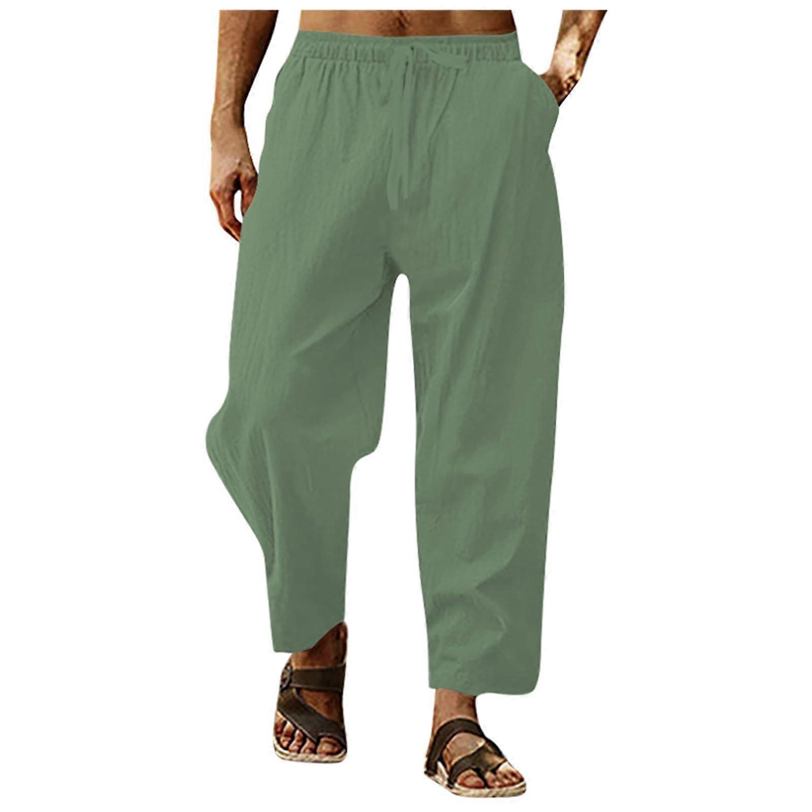 Men's Linen Pants, Long Wide Summer Pants, Drawstring Yoga Pants Green 4XL