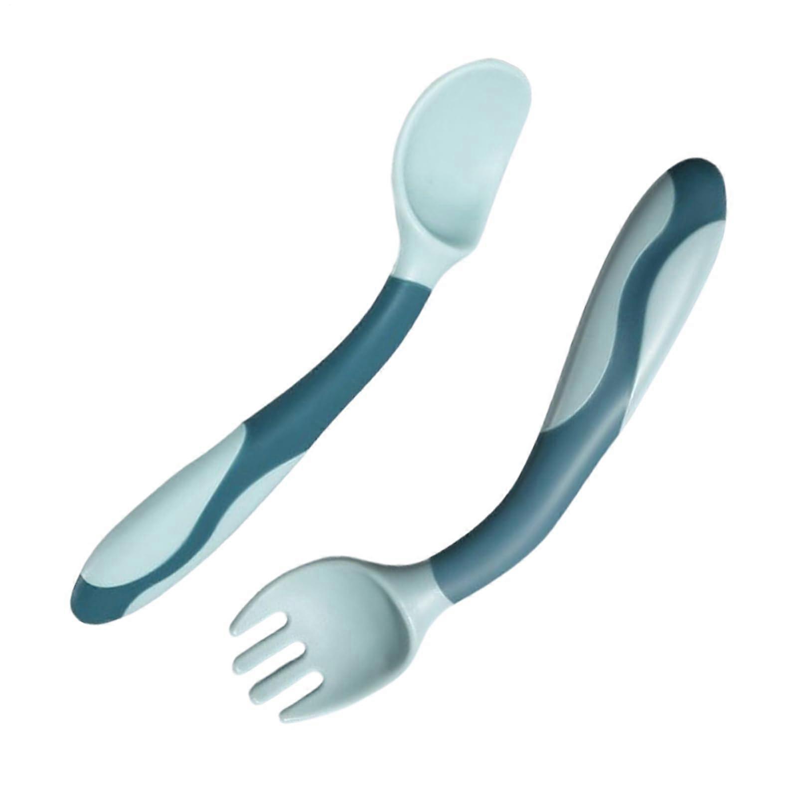 Baby Fork and Spoon Set Bendable Learning Utensils For Feeding Ergonomic Grip Weaning Flatware For Boys And Girls Blue