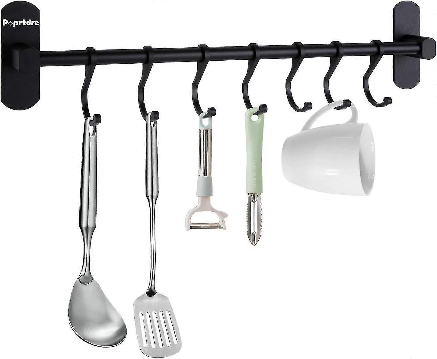 Wall Mounted Stainless Steel Kitchen Utensil Rack Rack with 7 Hooks Aluminum Wall Mounted Kitchen Bar Wall Mount Kitchen Utensil Rack (Black)