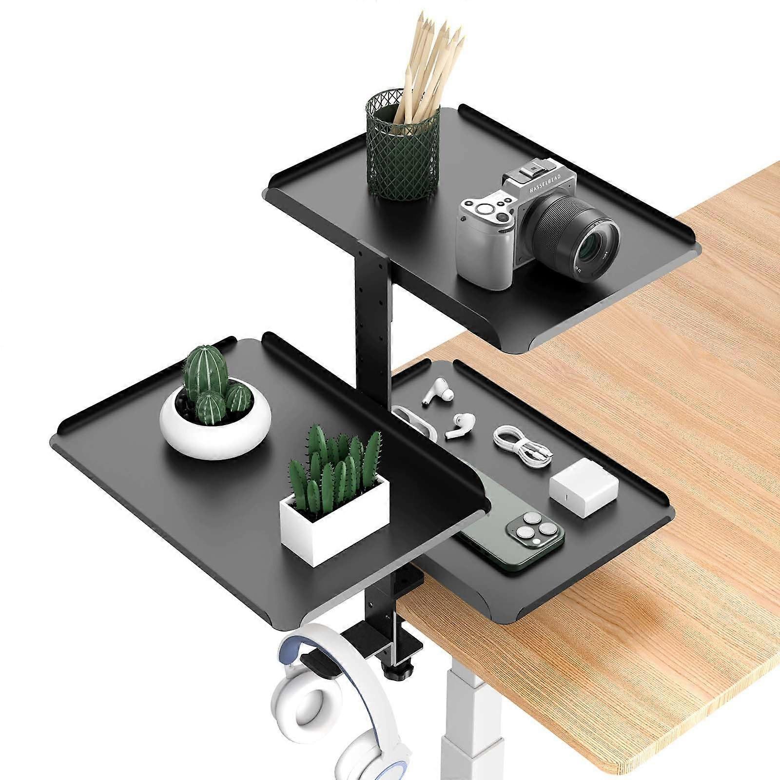 Clampable Desk Organiser Shelf 3-Tier Bookshelf No-Drill Under-Desk Mount With Adjustable Metal Tray Headphone Stand