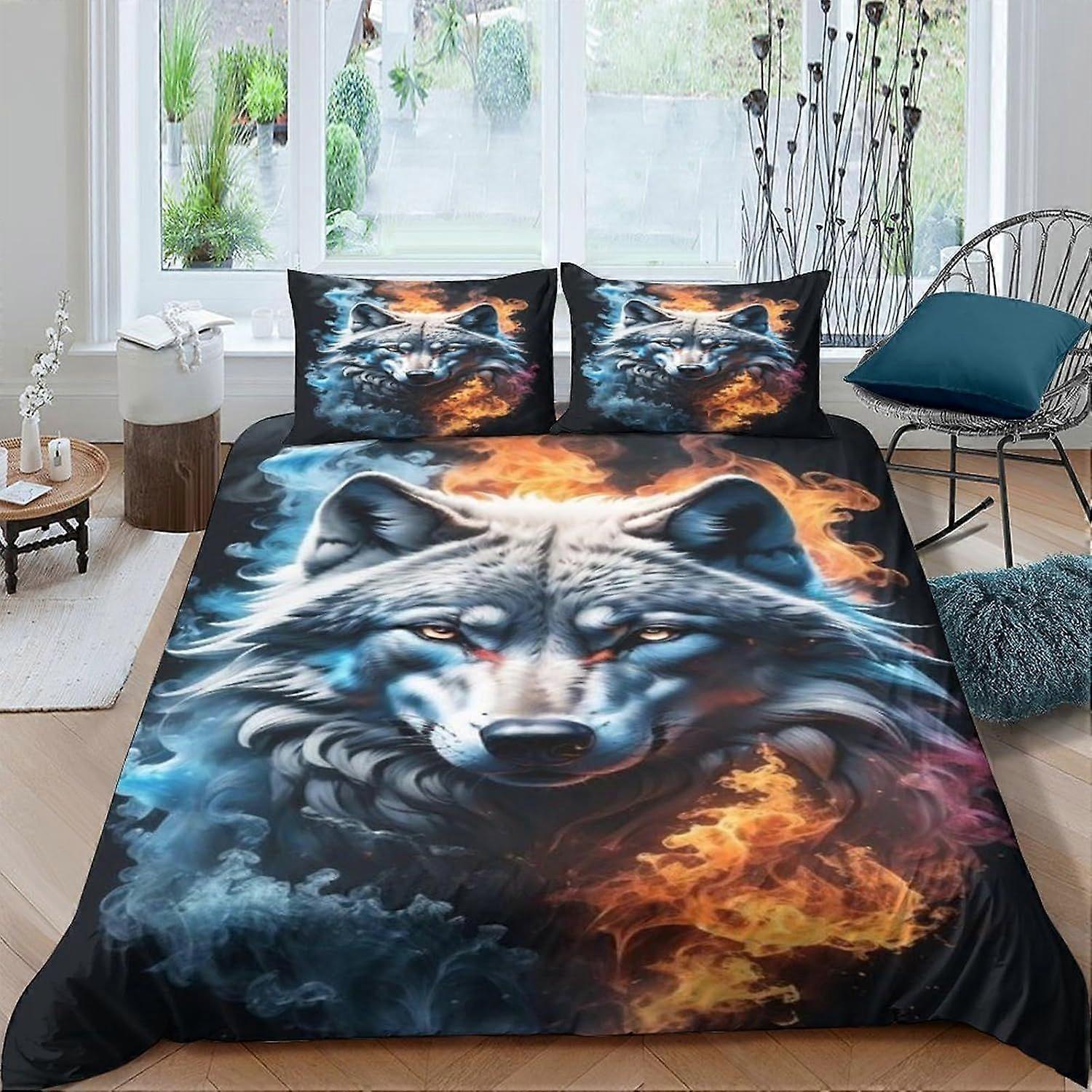 Conjunto de cama com estampa de lobo em 3D para adolescentes, capa de edredom com fronhas, capa de edredom de microfibra com zíper, tamanho casal.