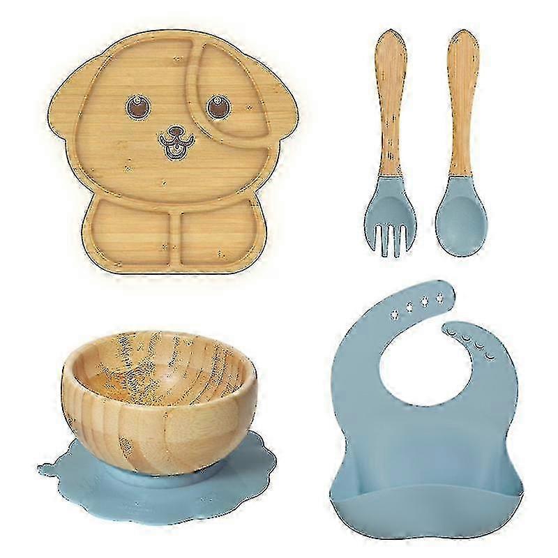 Tiny Dining Children's Bamboo Tableware Set - Plate Bowl Spoon With Stay Put Suction - Blue