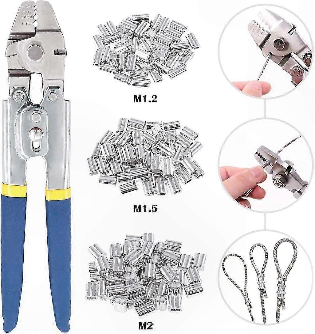 Aluminum Crimping Sleeves and Tool Kit for Wire Rope up to 2.2mm, Includes 150 Pieces in 3 Sizes