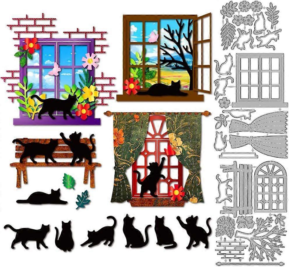 Cat Window Metal Cutting Dies Curtain Windows Frame Die Cuts Flower Leaf Embossing Template Cat Bench Carbon Steel Stencils for Card Making Scrapbooki