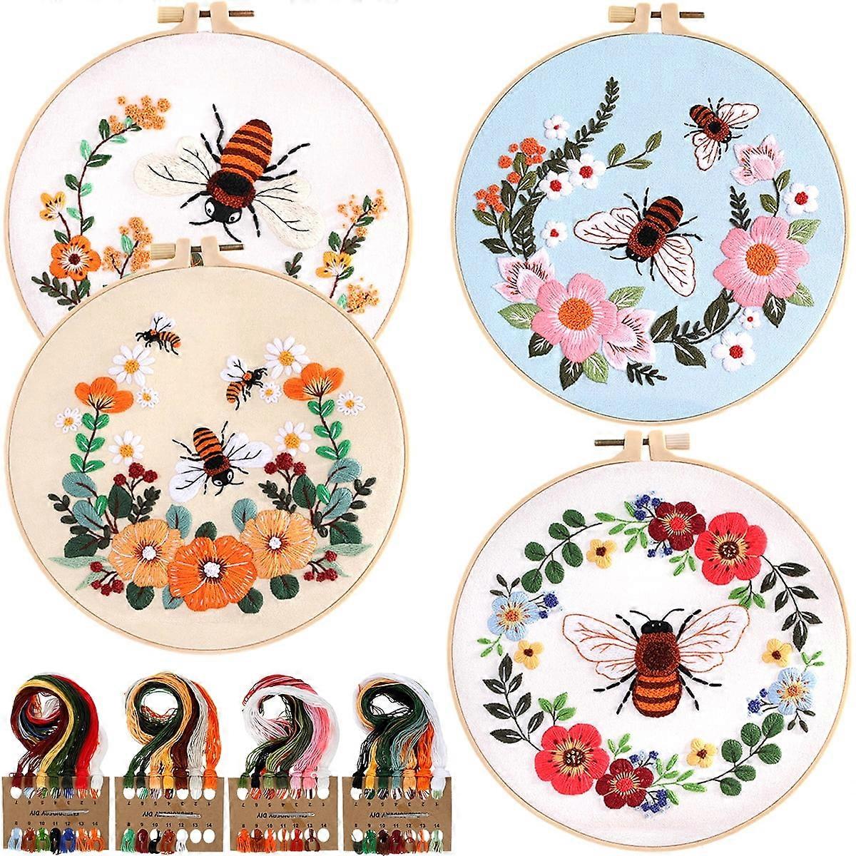 4PCS Embroidery Starter Kit with Bee Patterns, compatible with Beginners & Kids, Includes Hoop & Instructions