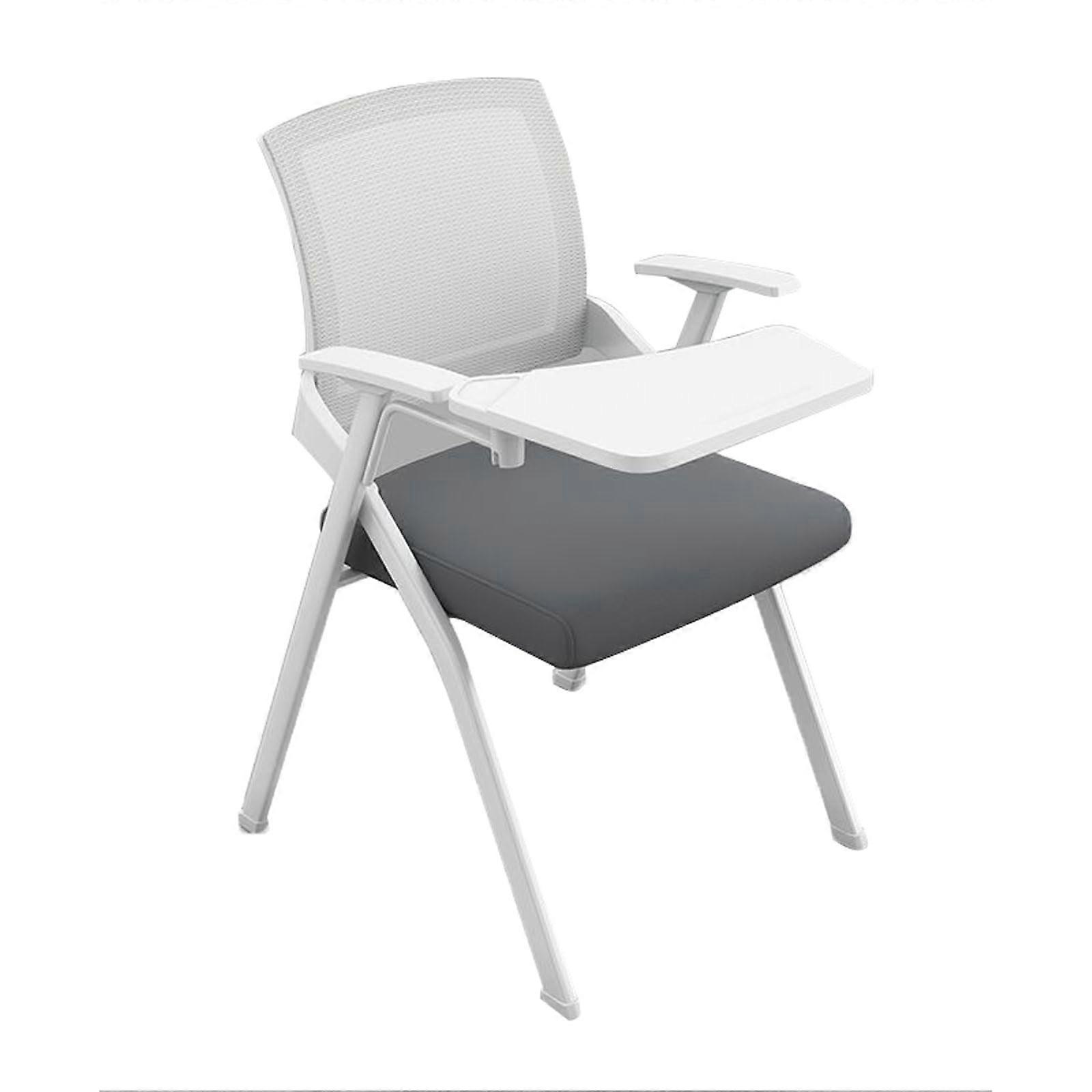 Folding Conference Room Chair with FlipUp Tablet Arm, Stackable Mesh Back Training Chair White Gray