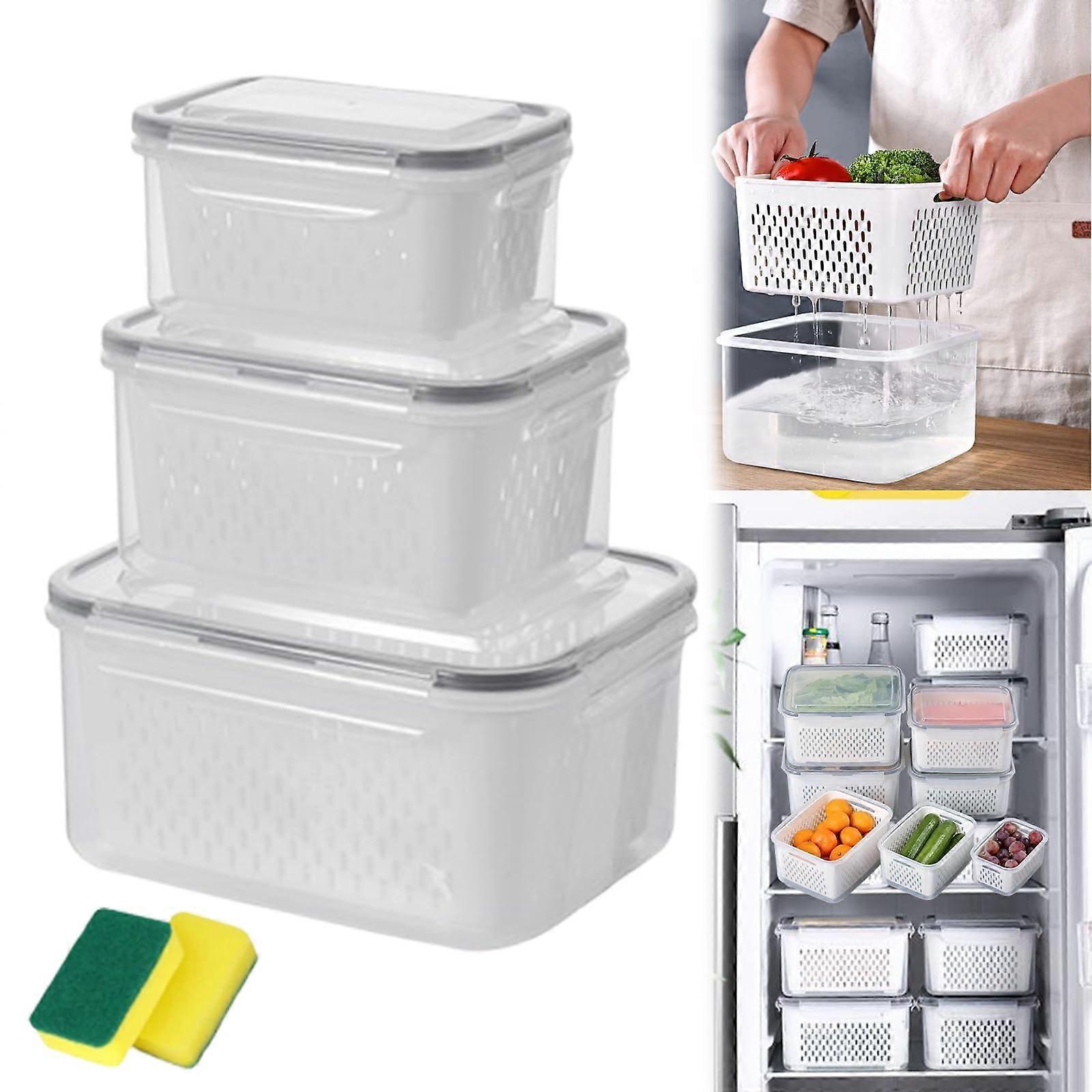 Food Storage Container with Removable Colander, Airtight 4in1 Fruit and Vegetable Box for Fridge (Gray S+M)