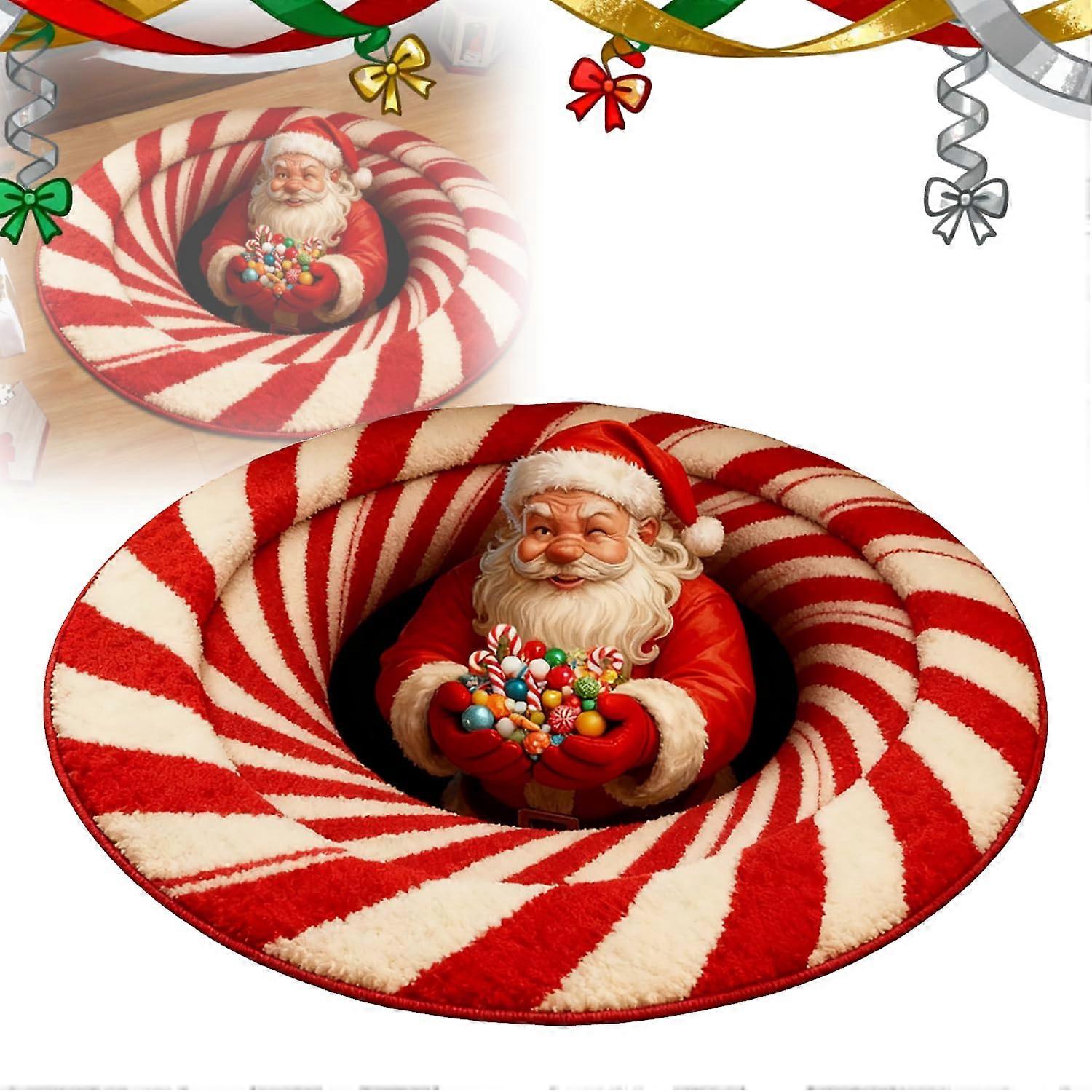 Christmas Round Rug with Santa and Snowman, 3D Optical Illusion, Soft Durable, 31.5in Red