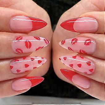 Pink and Red Medium Almond Press on Nails with Glossy Heart Lips Design, 24Pcs Fake Nails