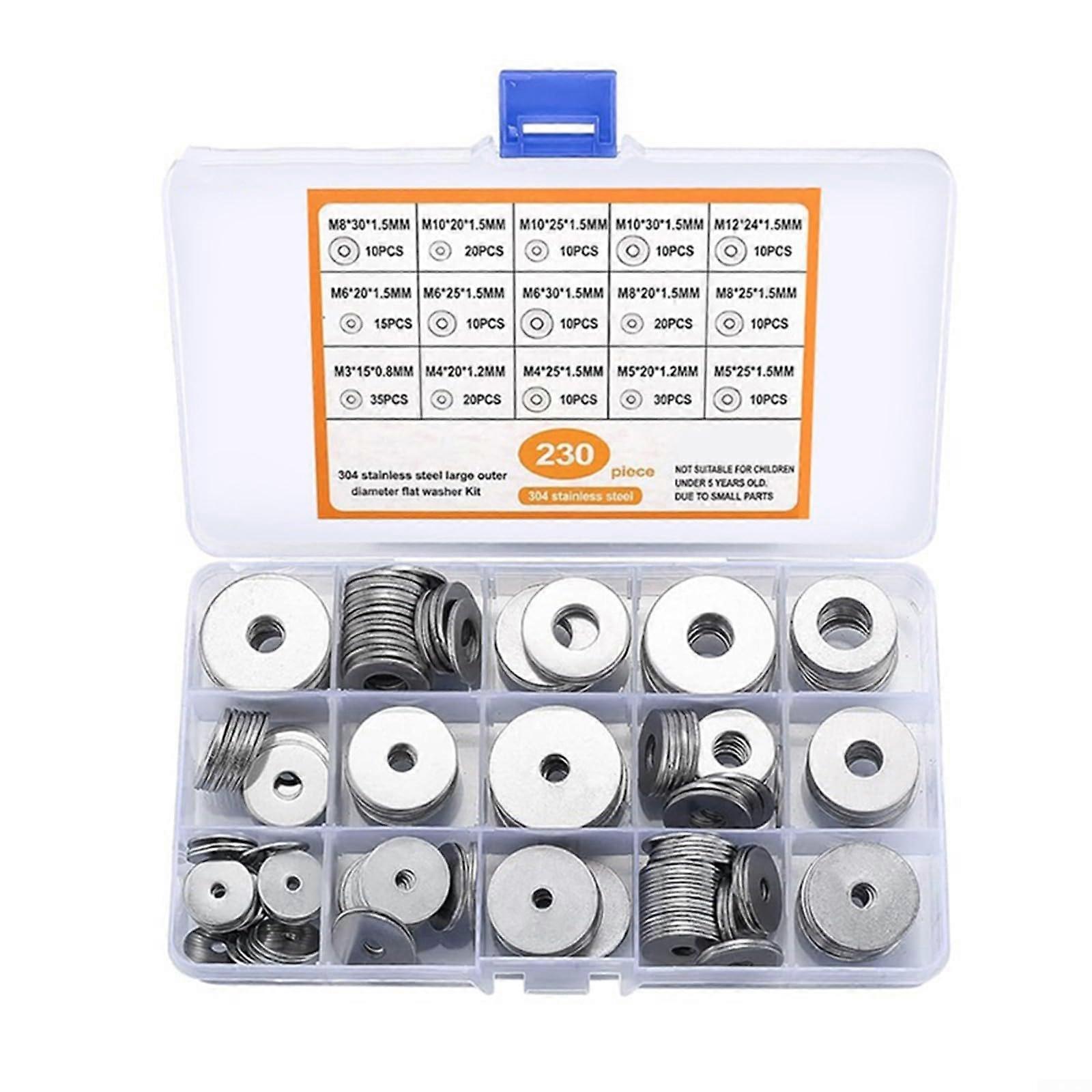 304 Stainless Steel Flat Washers Kit, 230pcs Rust Resistant Assortment in 15 Sizes with Case