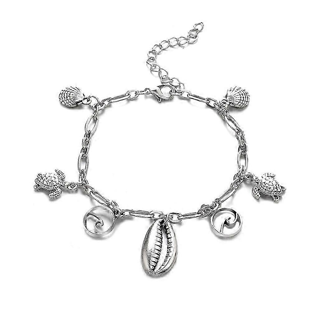 Silver Ankle Bracelet with Charming Multiple Charms Shell Tortoise Design and Extenders