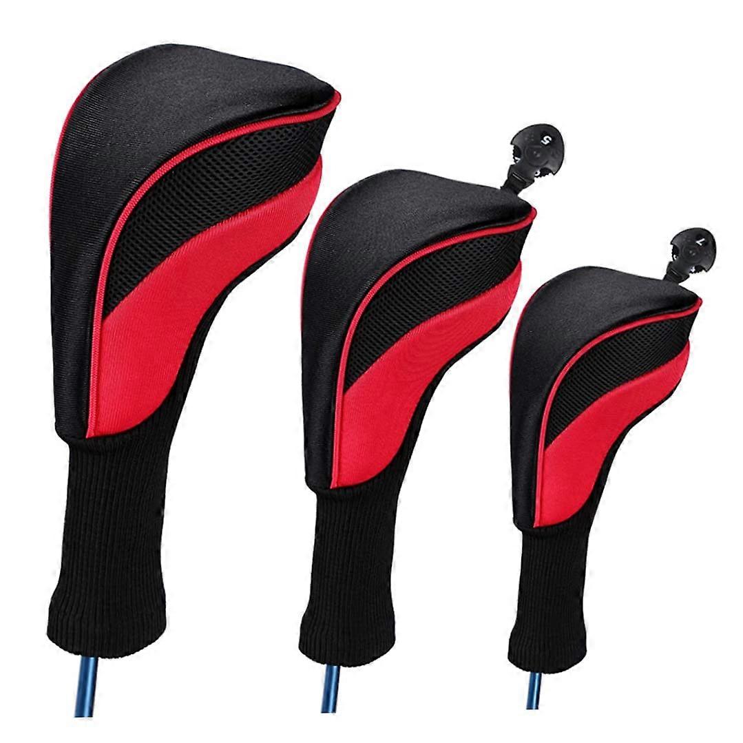 Golf Club Head Covers with Interchangeable Number Tags, 3pcs Universal Driver Set, Red
