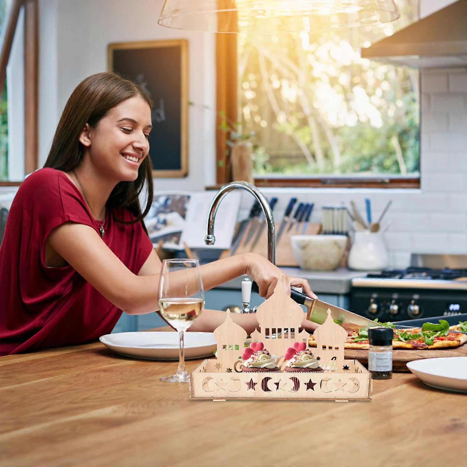 Eid Decorations Wooden Dessert Tray for Serving Snacks Beige