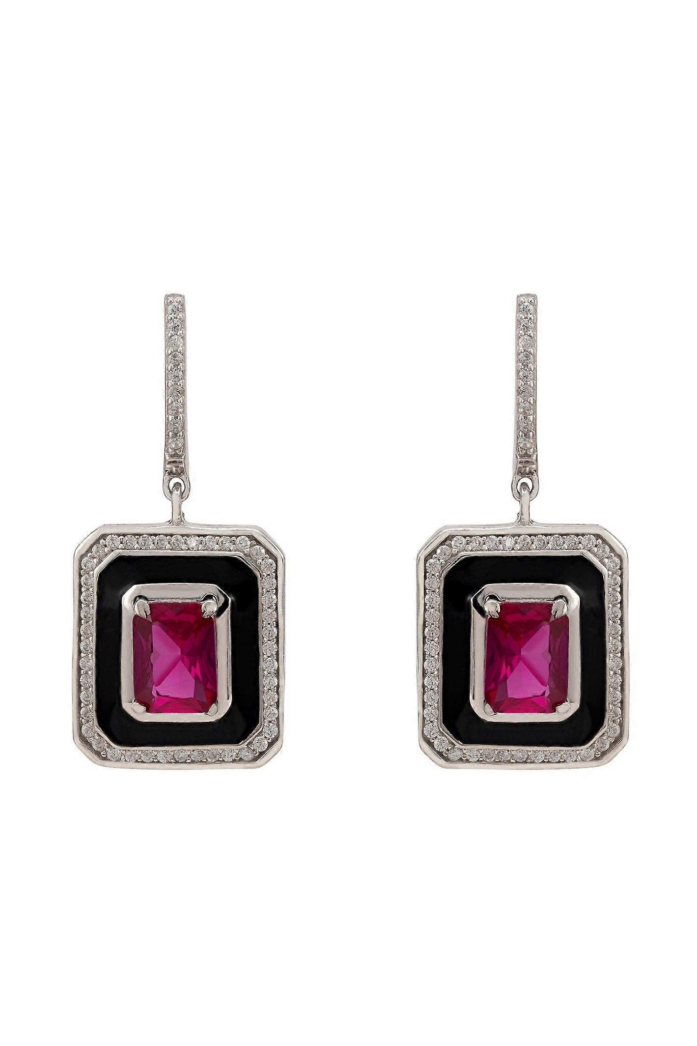 Deco Ruby & Enamel Earrings Silver