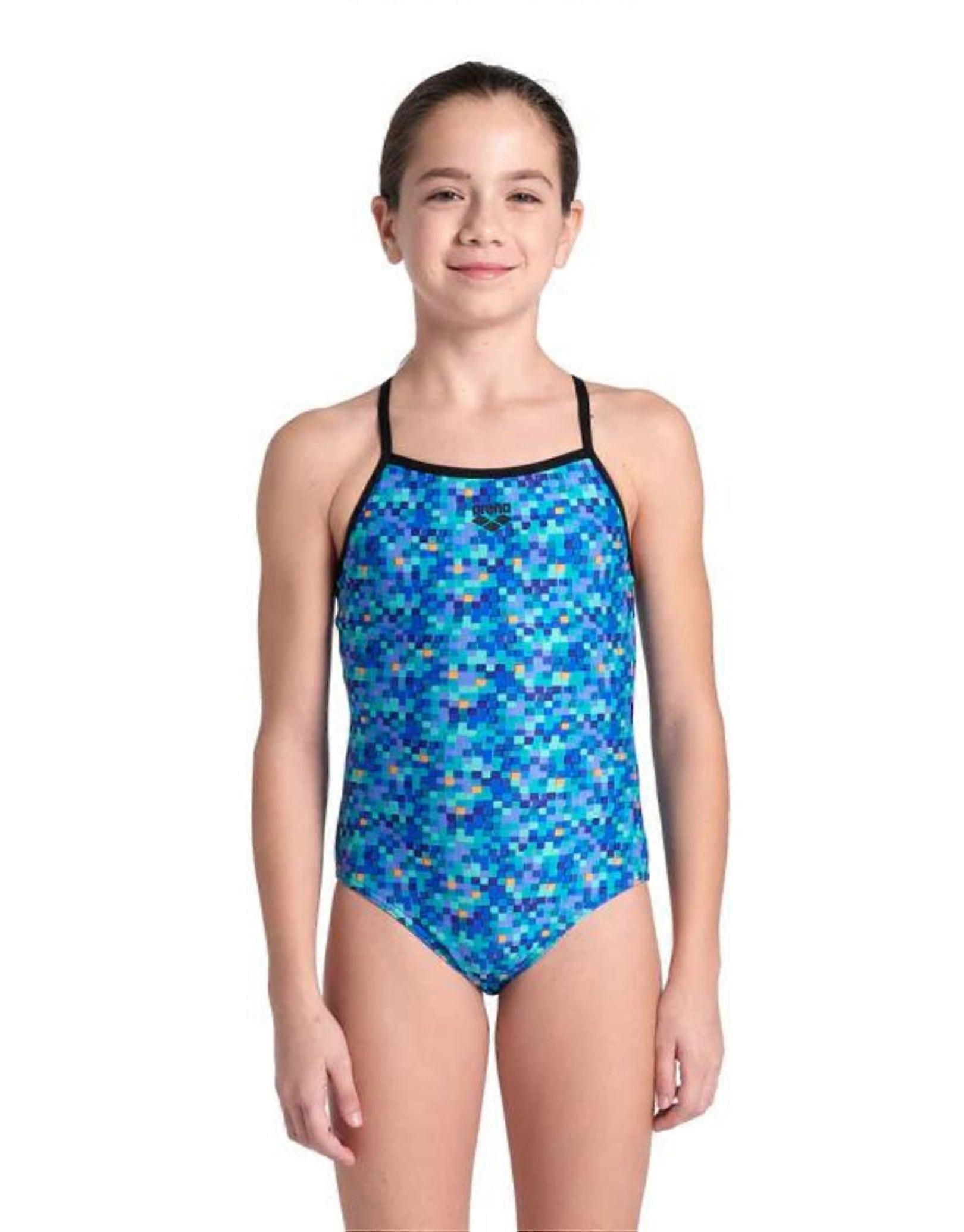 Arena Mädchen Poolfliesen Lightdrop Badeanzug - Schwarz/Blau Multi
