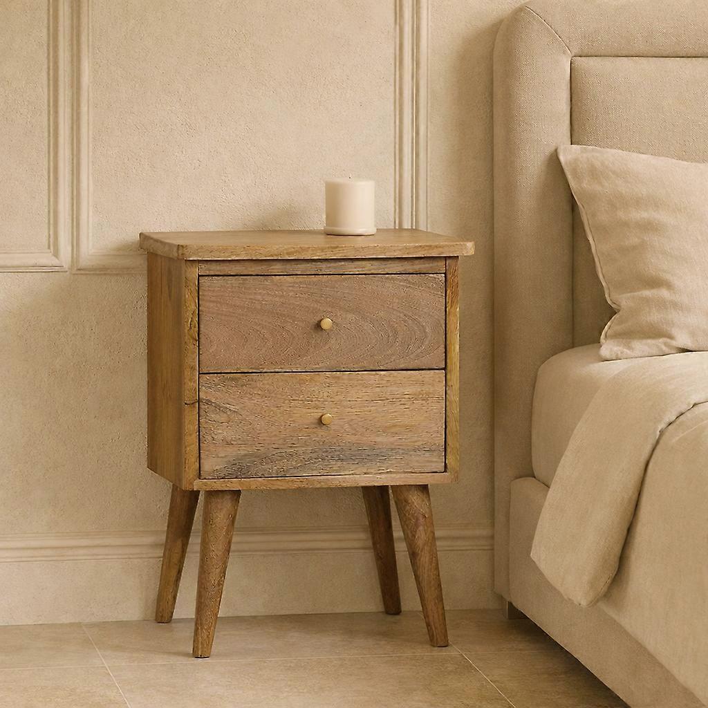 Solid Wood Oak-ish Bedside, 2 Drawers, Brown