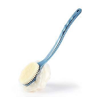 Duschkörperbürste mit Borsten und Luffa, Rückenwäscher Badenetzschwamm mit gebogenem langem Griff für Hautpeeling-Bad, Massage (blau)