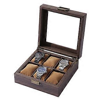 Quadratische Uhrenaufbewahrungsbox für 6 Uhren aus PU-Leder mit Holzmaserung – Hochwertige Aufbewahrungsbox für Uhren und Schmuck – Schmuckkästchen für Herren