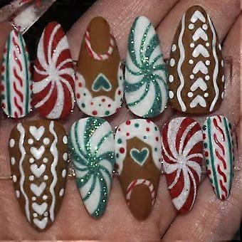 30pcs Christmas Press On Nails Set, Medium Almond Shape, Red & Green Holiday Fake Nails with Glue