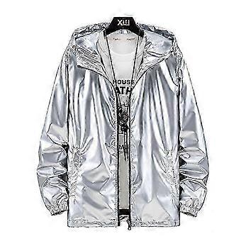 Chaqueta impermeable con capucha plateada brillante para hombre