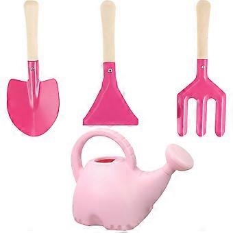 Kids Gardening Tools Wood Watering Can for Planting 4Pcs Pink Set