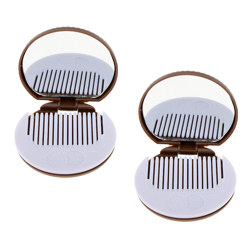 2 Round Folding Makeup Mirror Compact with Comb Pocket Biscuit Size Cute Brown