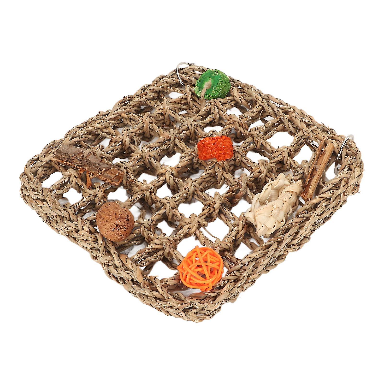 Bird Foraging Wall Toy Boredom Relief Seagrass Hand Woven Parrot Climbing Net with Colorful Chewing Toy S