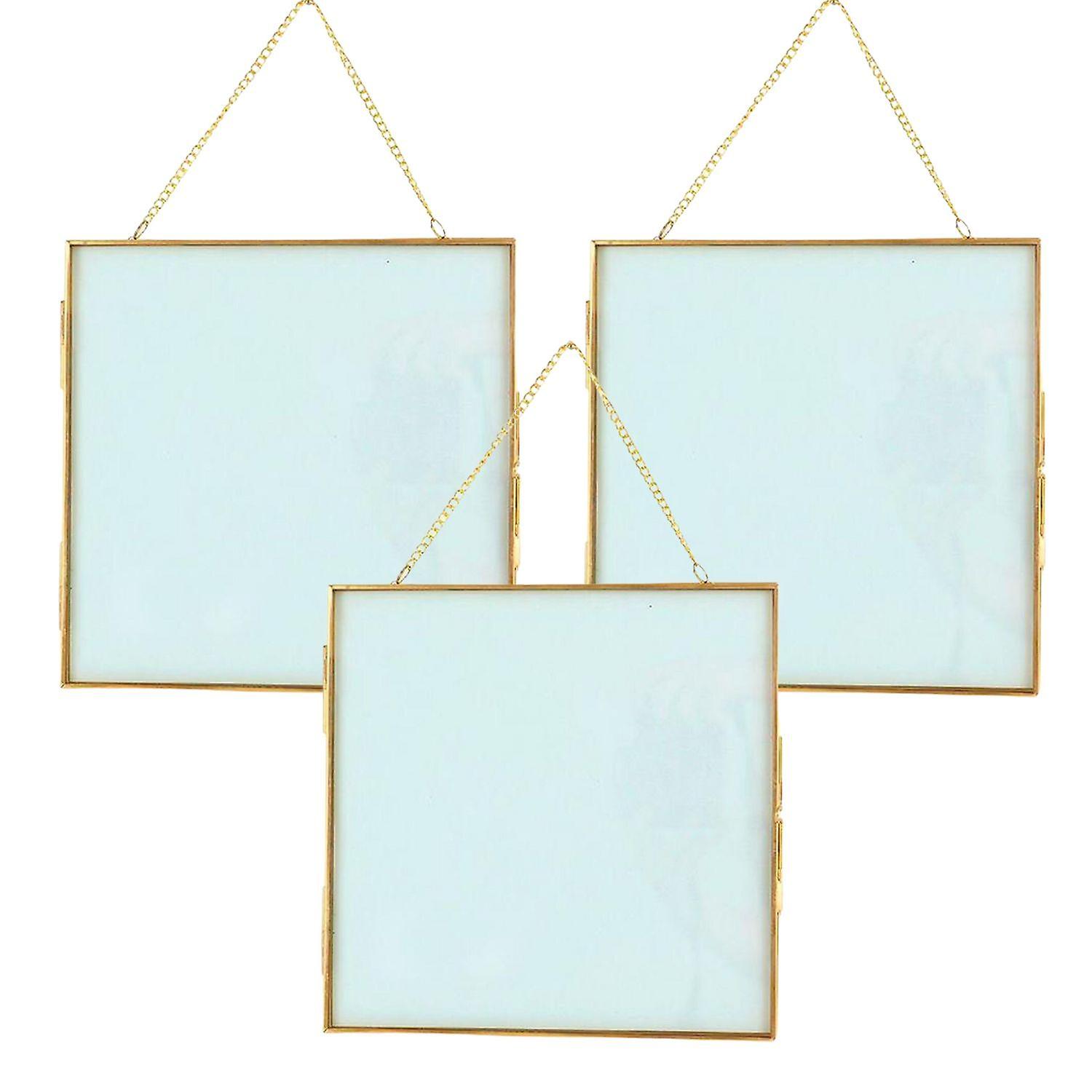 3 square vintage glass frames with metal chain - 20 x 20 cm