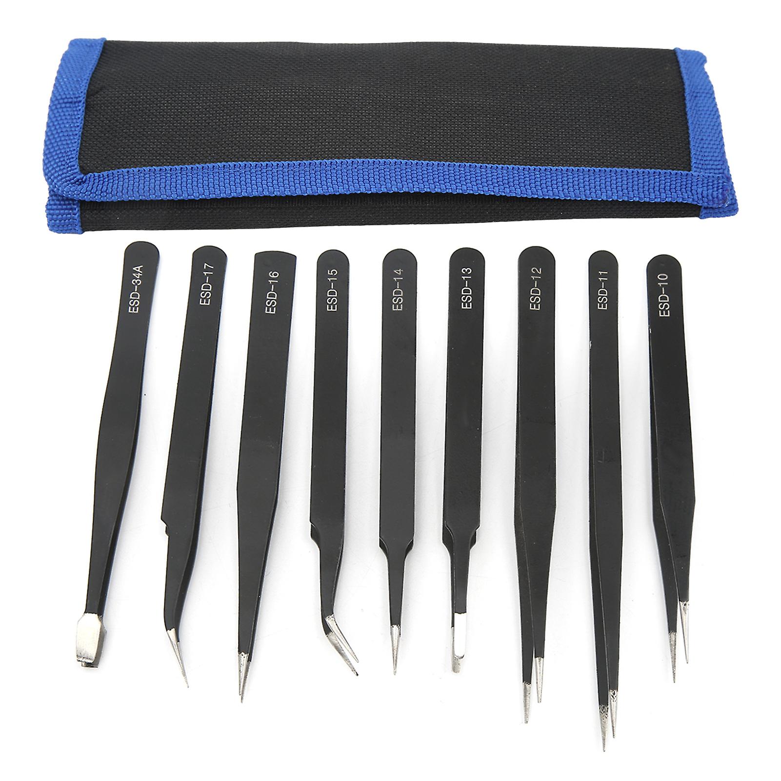 Tweezer Set Pointed Curved Tips 9PCS Tweezer Set Stainless Steel Anti Slip Pointed Curved Tips Tweezer Set for Cell Phone Repair