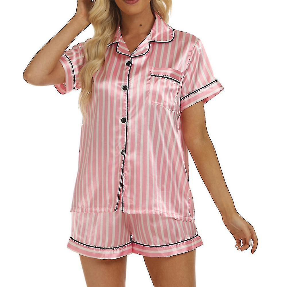 Pyjama en satin soyeux rayé pour femmes Top à manches courtes avec shorts vêtements de nuit Pj Set Chemise à boutons Vêtements de nuit soyeux-YUHAO