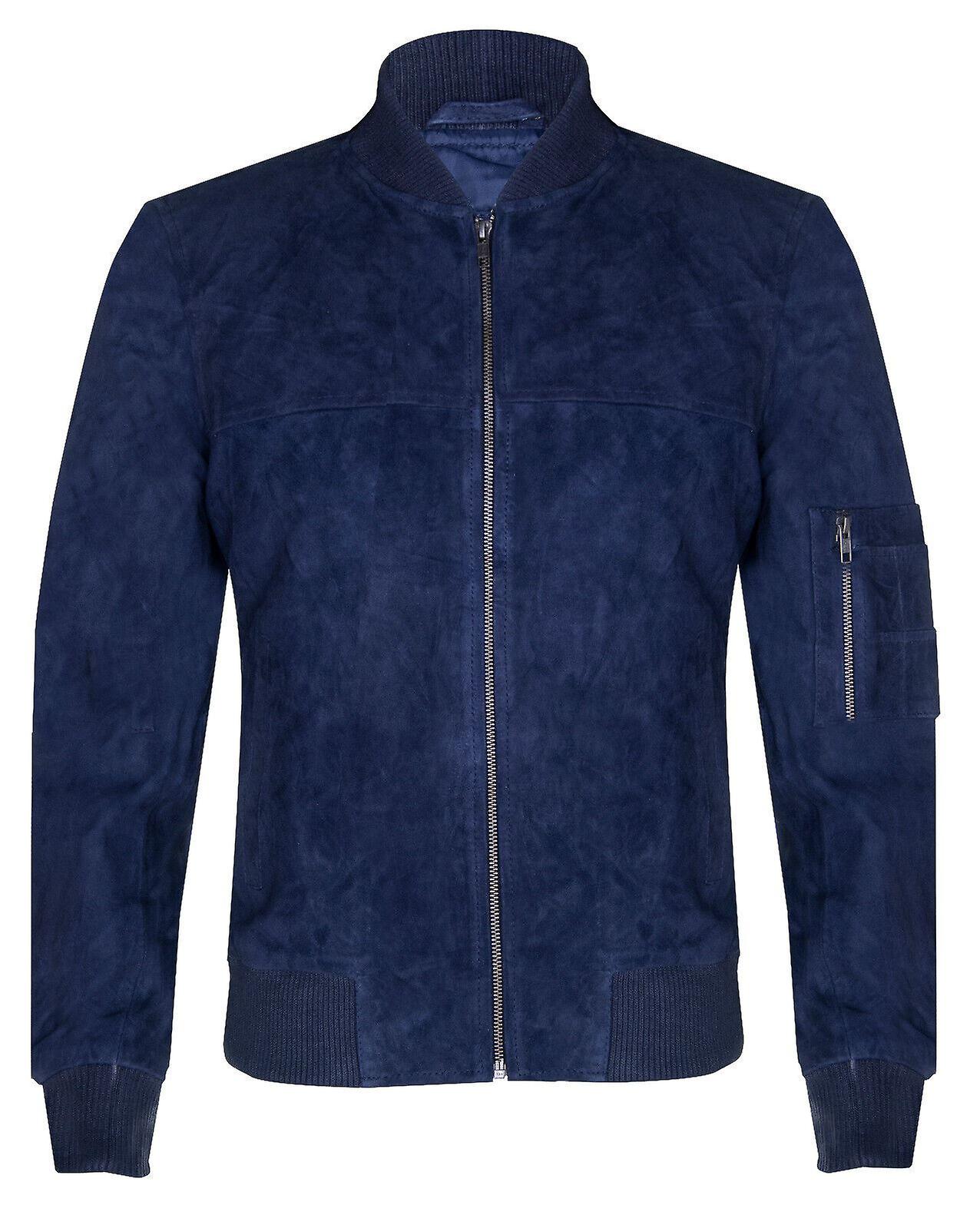 Infinity Leather Men's Navy Suede Ma-1 Bomber Leather Jacket Medium