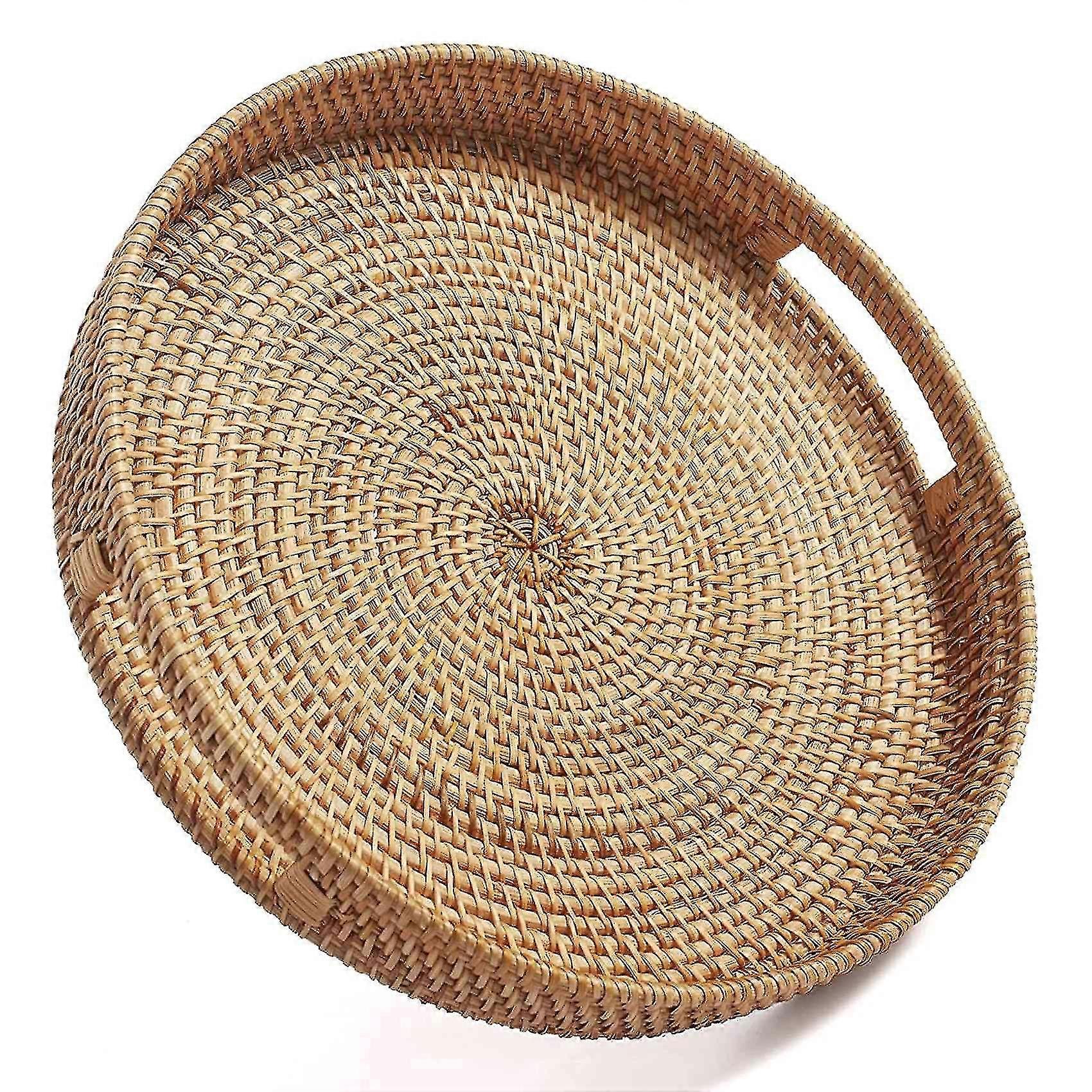 Rund rotting Servering Tray Dekorative vevde ottomanske skuffer med håndtak for salongbord Natural (smal