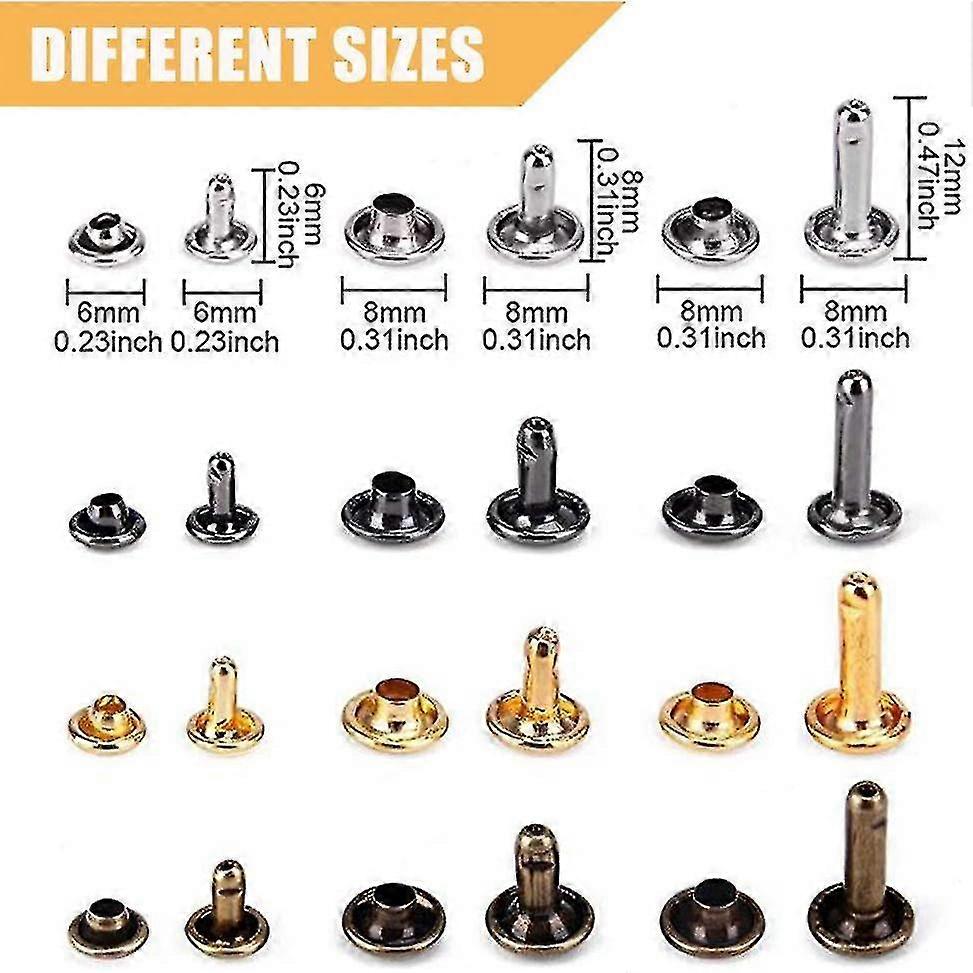 350 Leather Rivets Double Cap Set, Metal Tubular Rivet 3 Sizes With Punch Pliers And 3 Pieces Fastening Tools Repair Replacement Decoration