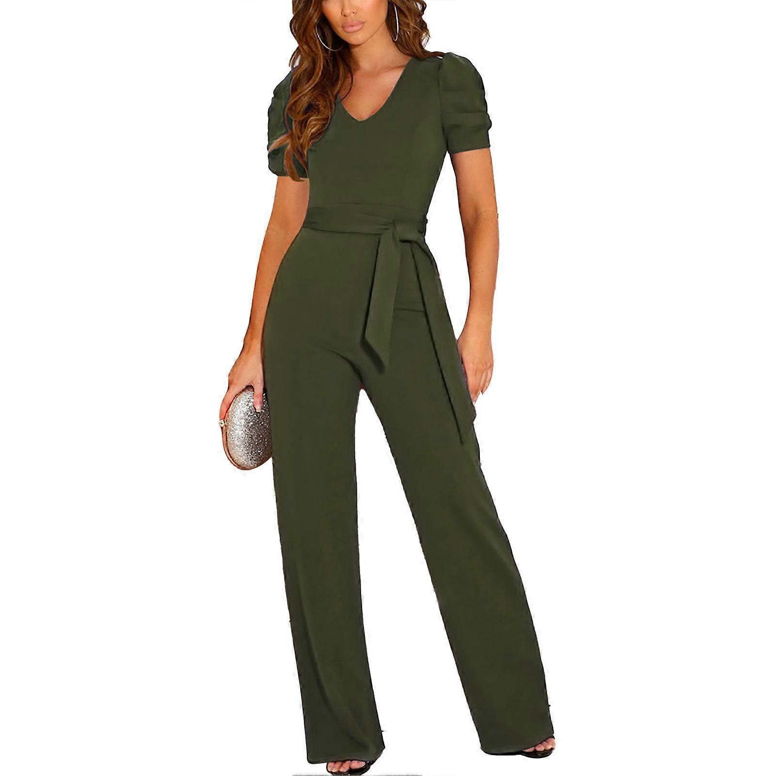 Women V Neck Short Sleeve Jumpsuit Casual Pure Color High Waist Wide Leg Romper with Belt for Summer Green M