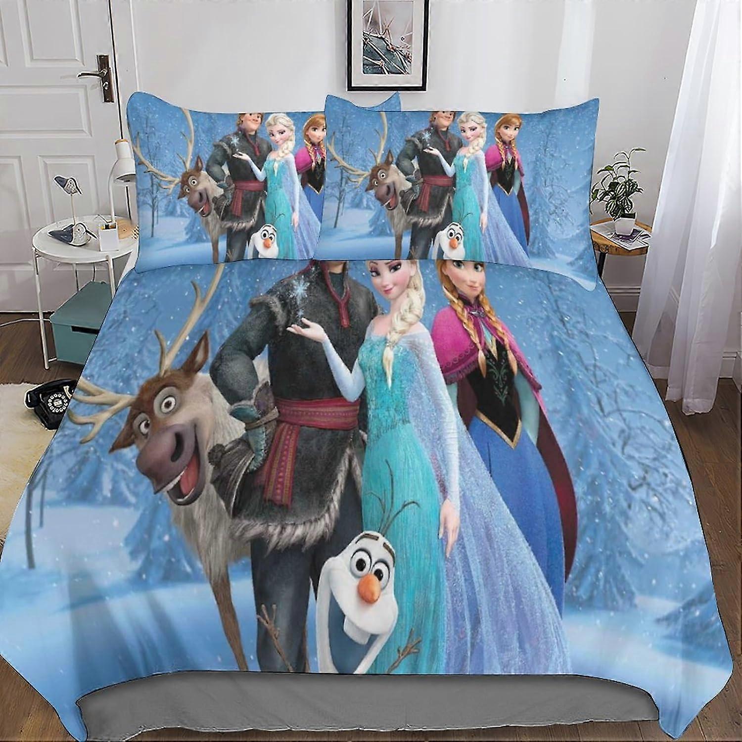 3 Pieces Frozen Duvet Cover Set 3D Bedding Quilt Pillowcase, Zipper Closure Soft Microfiber, Movie Bedding Set for Adults and Kids Double