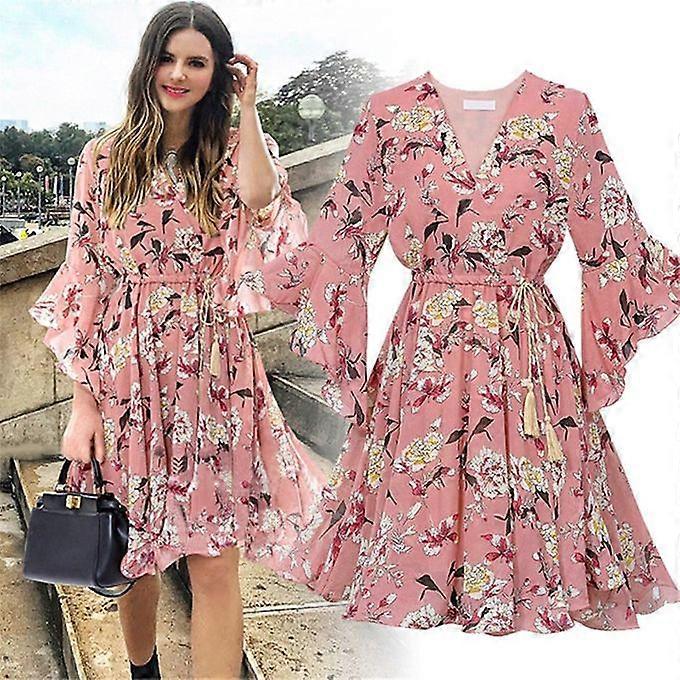 Dress Women Fashion Casual Chiffon Floral Printing Short Sleeve V-Neck  Party