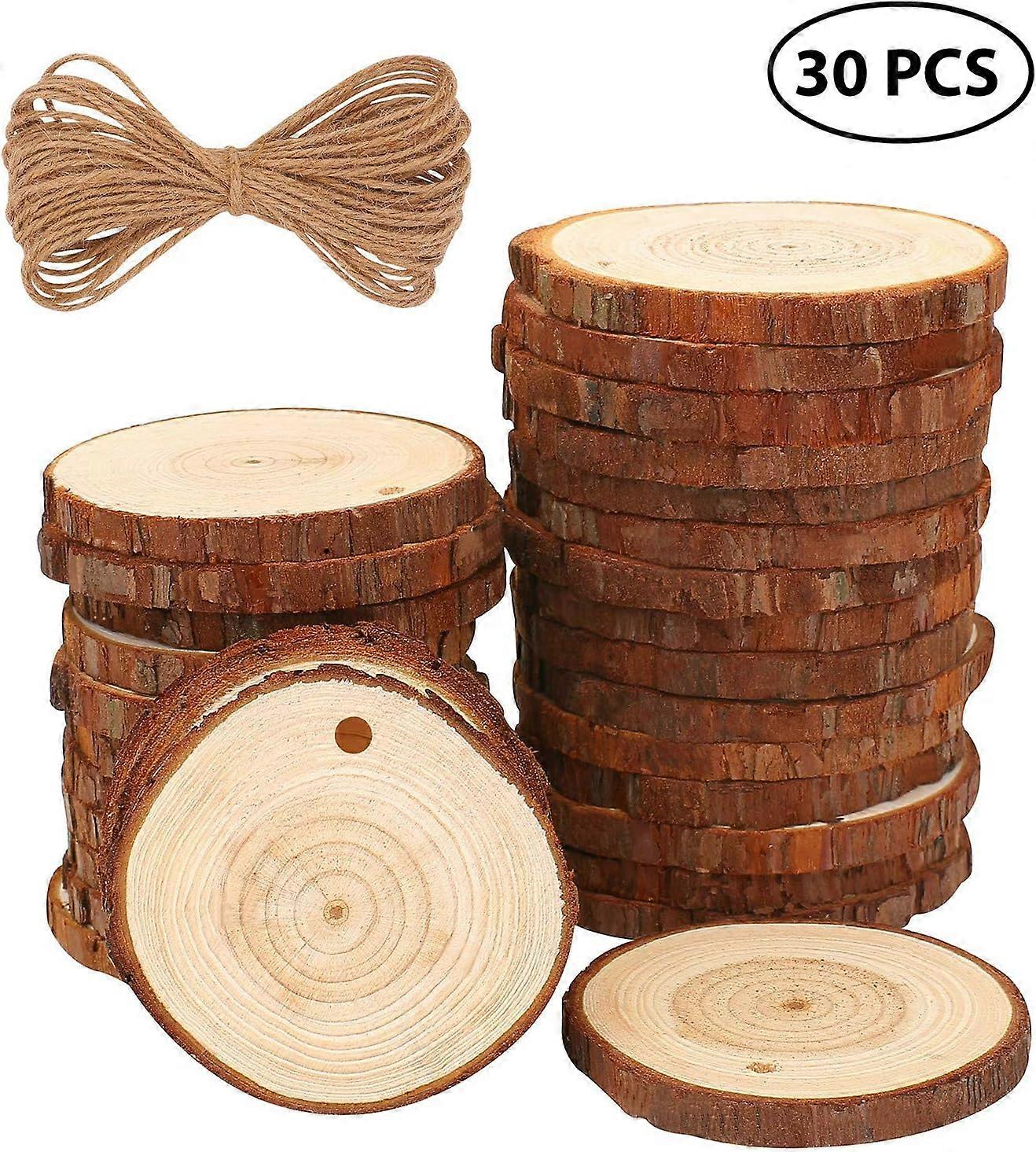 أقراص خشبية مستديرة مزخرفة مع ثقب 30 × 6-7 سم أقراص خشبية خشبية 10 م خيوط قطنية ل DIY handmad