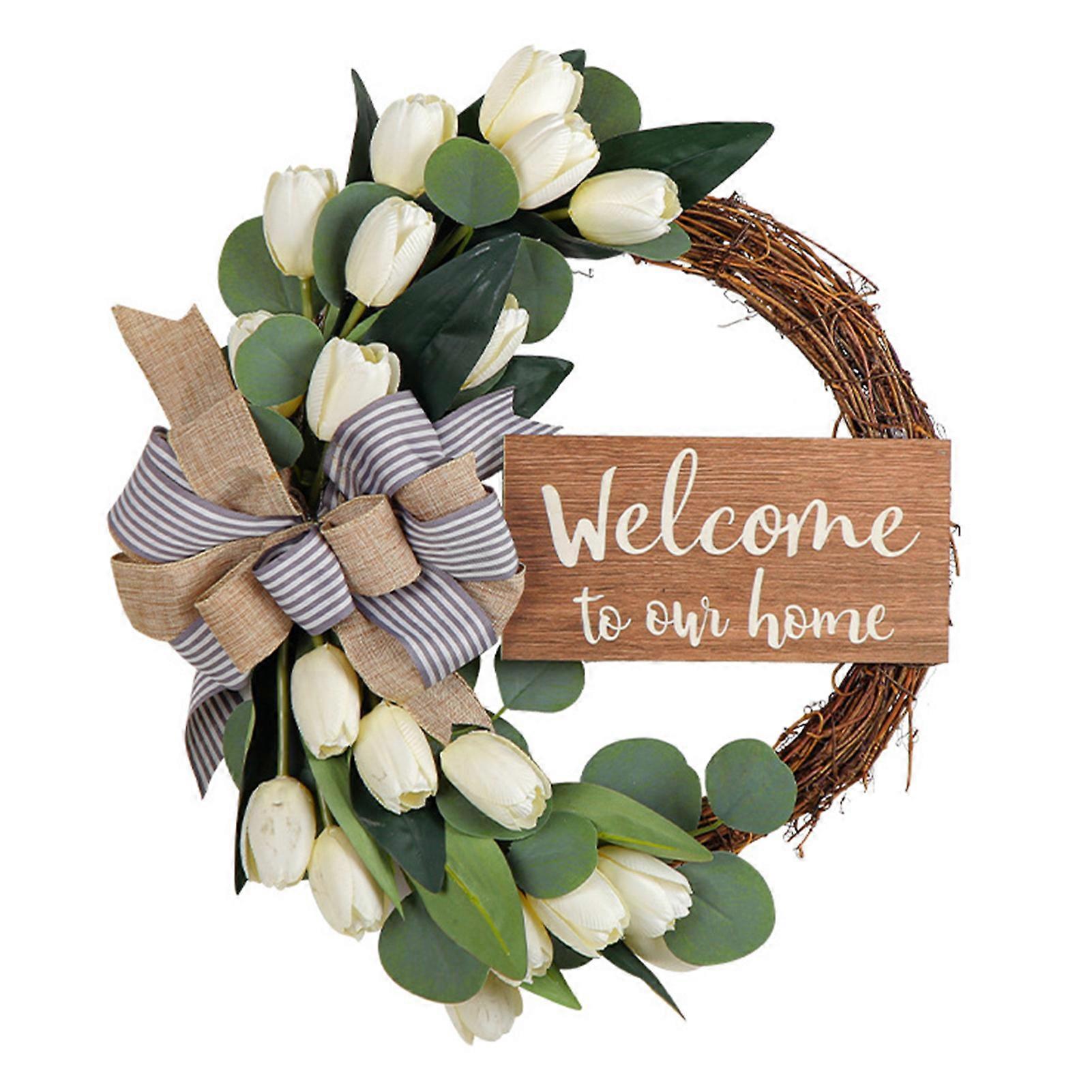 Tulip Welcome Sign Wreath Round Front Door Wreath for Father\'s Day And Mother\'s Day Gifts