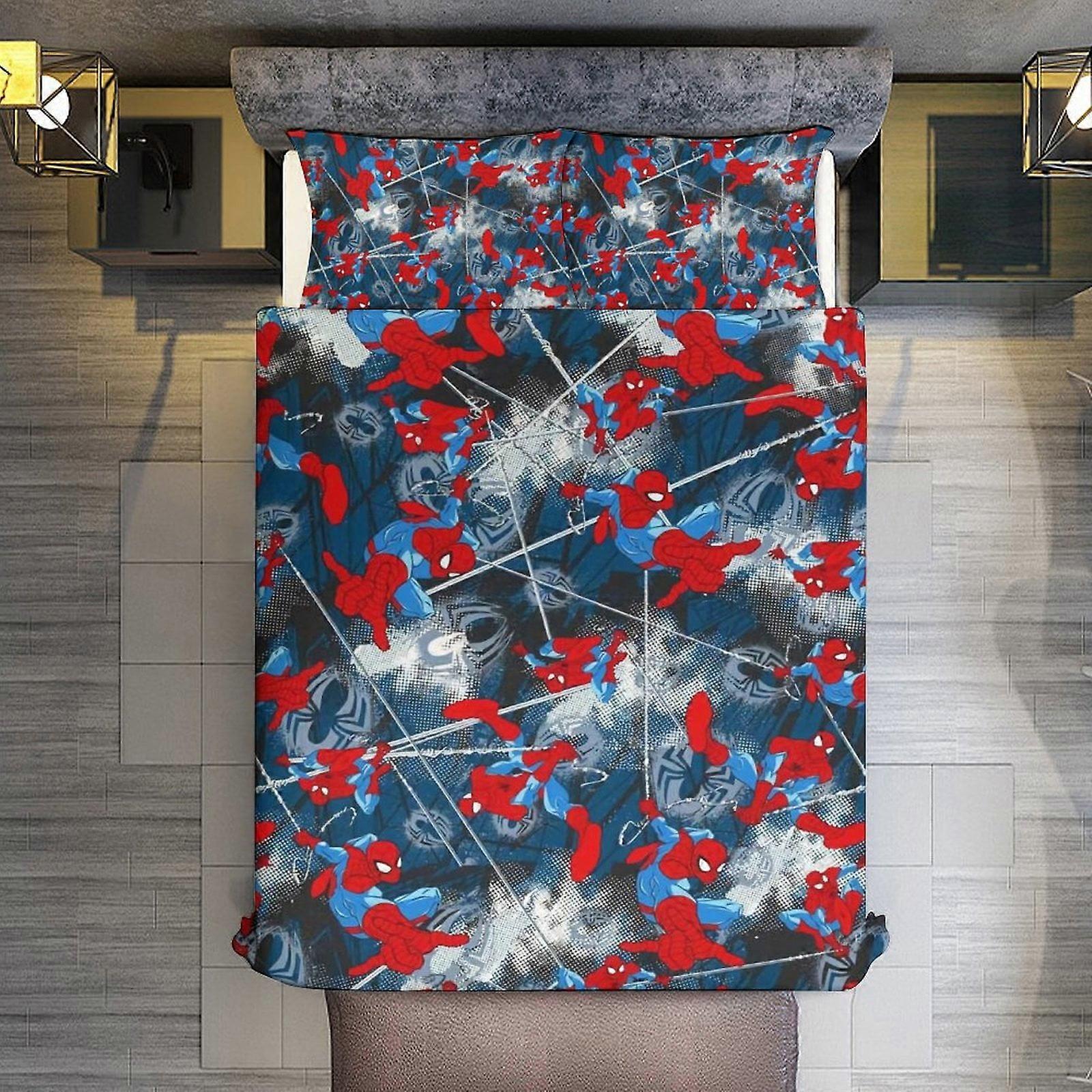 v3073 침대 시트 침구 3피스 세트, 스파이더맨 심리스 컴포터 세트 (어린이, 소년, 청소년, 남성용) 3D 경량 마이크로파이버 침구 세트 (1개)