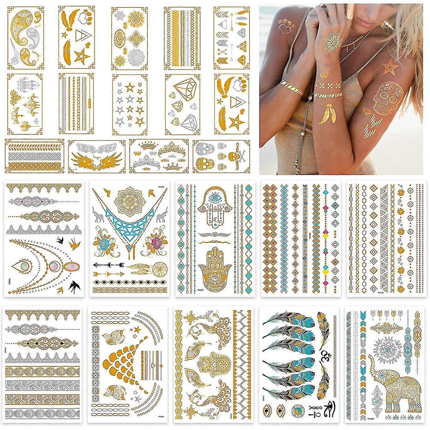 24 feuilles d’or Tatouages temporaires pour femmes Filles Adultes - Plus de 300 Shimmer Imperméable Faux Tatoos - Tatouages d’or Autocollants métalliques dans les bracelets, Feath