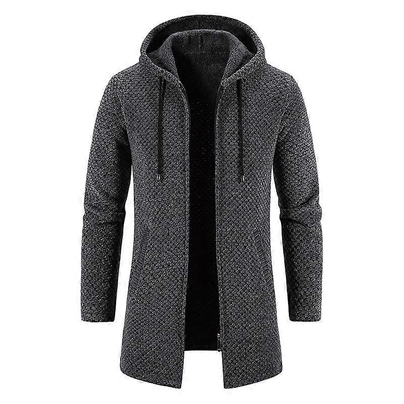 Men's Plush Warm Mid Length Hooded Sweater Zip Up Knitting Jackets