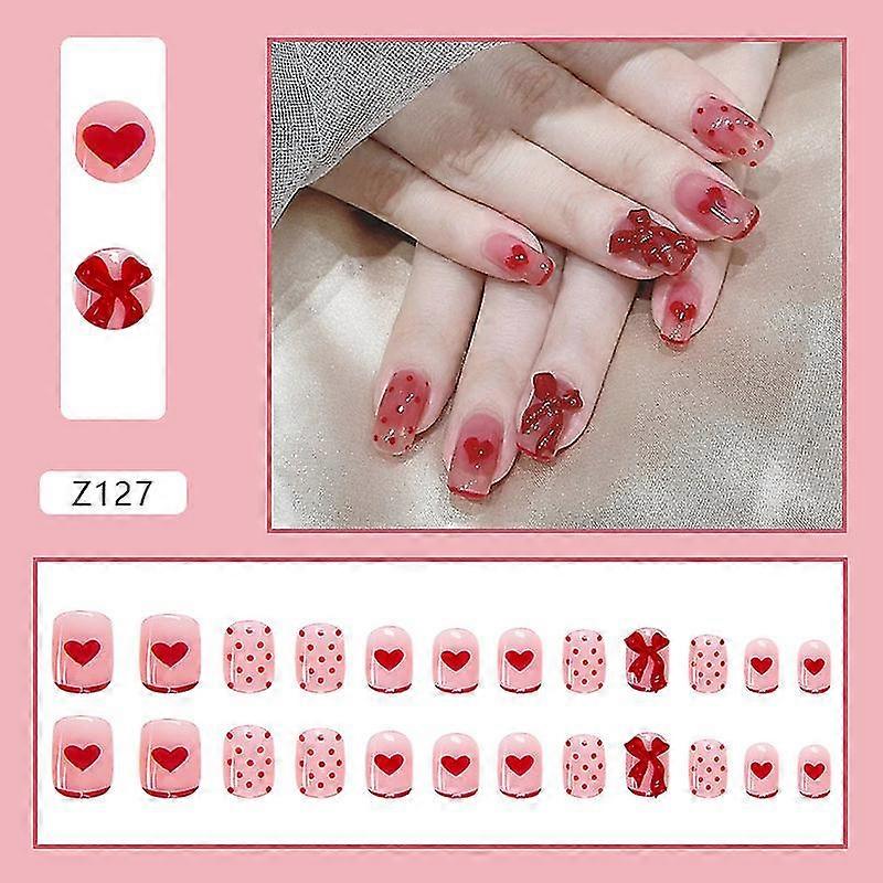 24pcs Red Bow Nail Patch Sweet Style Glue Type Removable Short Paragraph Manicure Save Time
