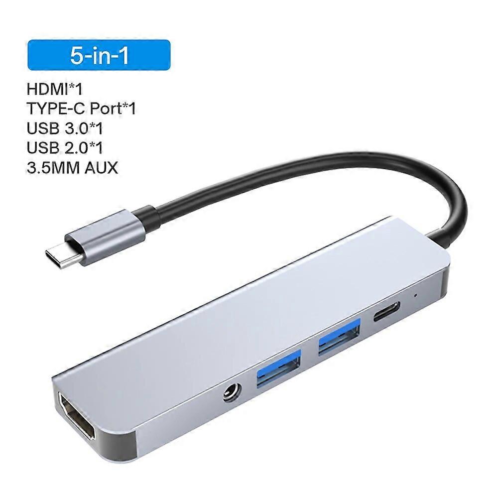 5 in 1 USB C Hub For Laptop Adapter HDMI-4K PD Charge Docking Station With 3.5MM AUX PC Laptop For Macbook Type-C Splitter