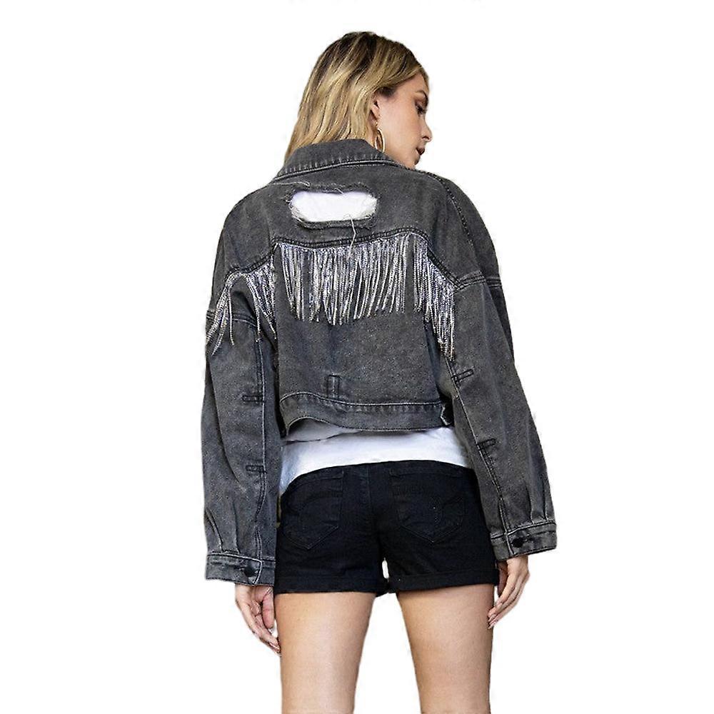 Damen Langarm Jeansjacke mit Fransen Strass