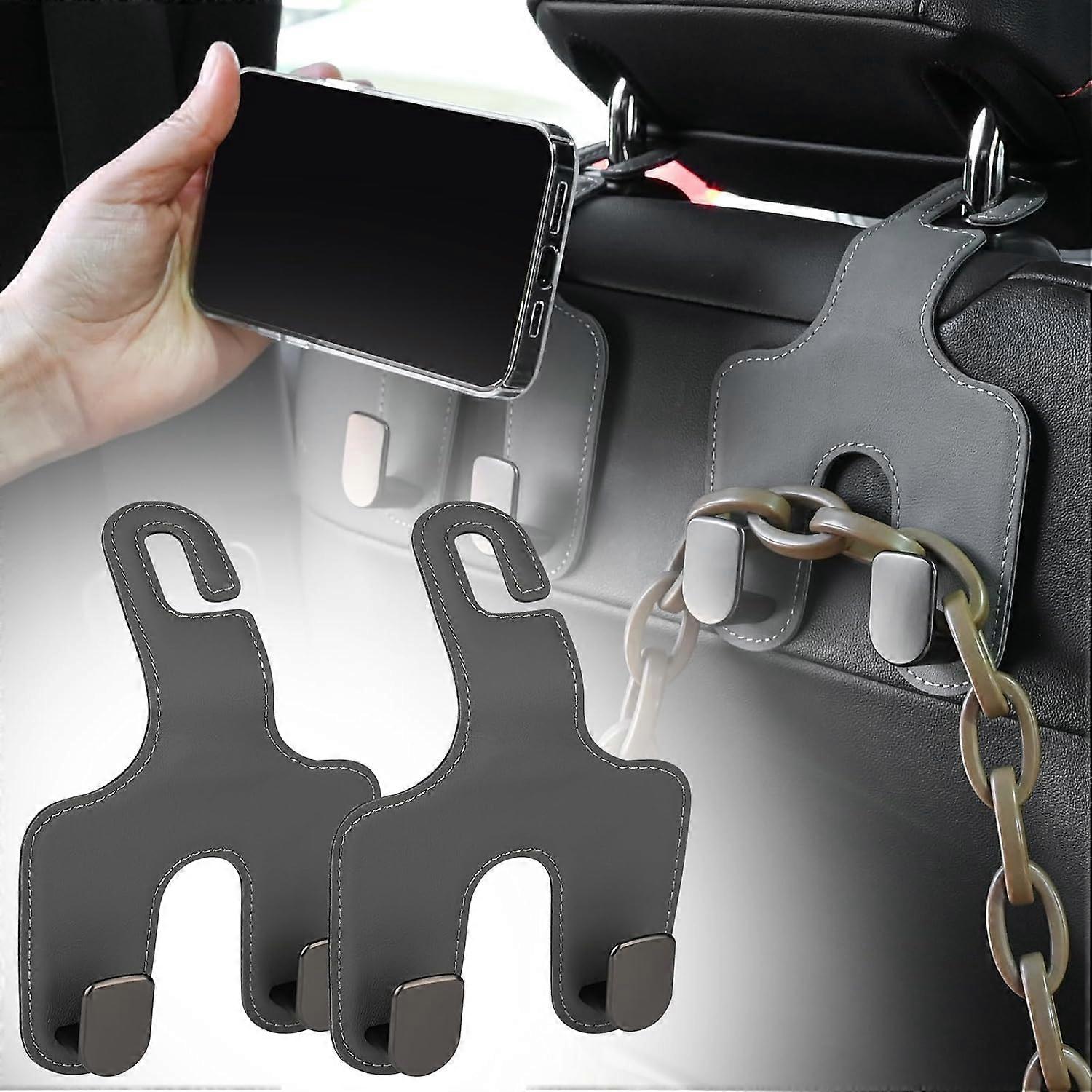 Auto Hooks, 2 Pcs Leather Car Storage Organiser Hooks, Universal Car Back Seat Headrest Hooks,for Hang Handbag Grocery Bags (Grey-1)
