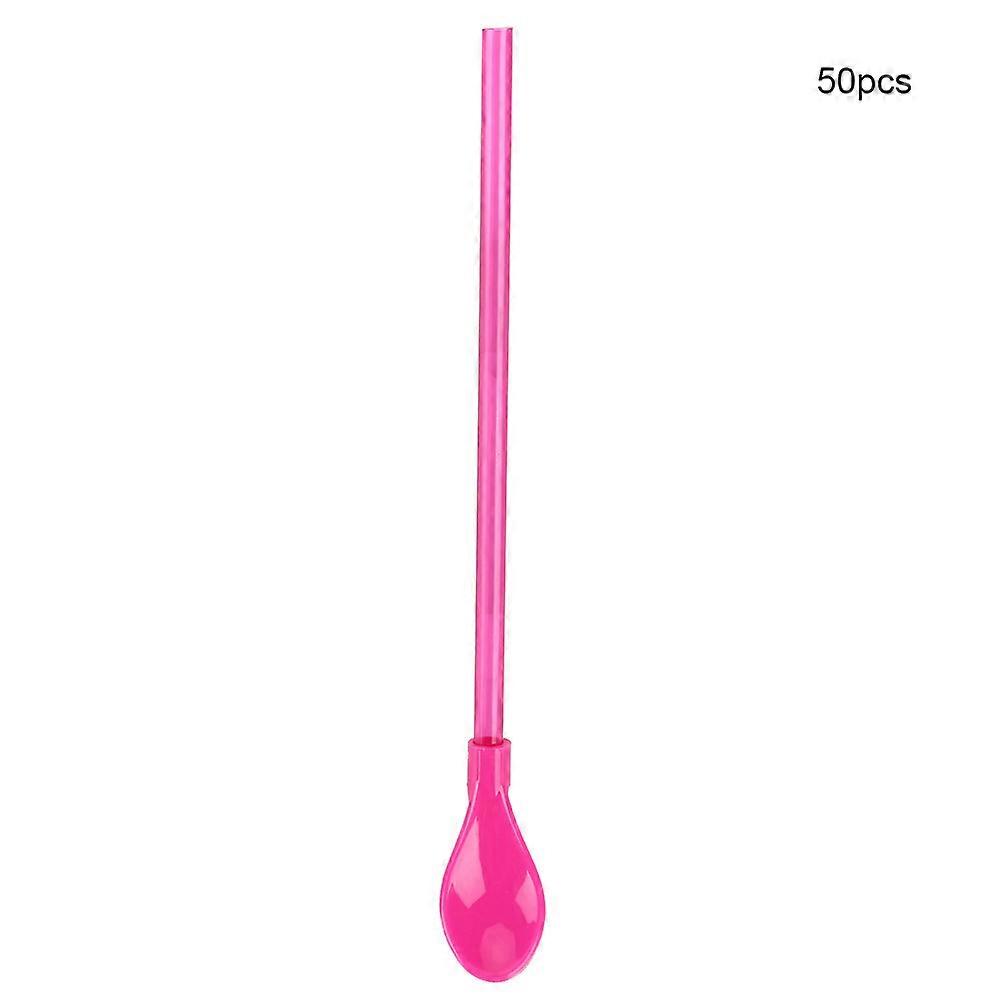 50Pcs Kitchen Tool Dual-use Drinking Straw Spoon Integrated Stirring Straw Spoon (Pink)