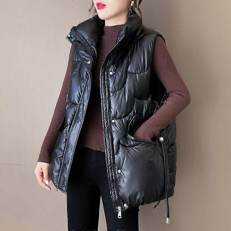 Autumn and Winter Women's Solid Color Loose Vest Stand-up Collar Short Drawstring Vest Jacket Cotton Padded Women's Windproof Warm Vest